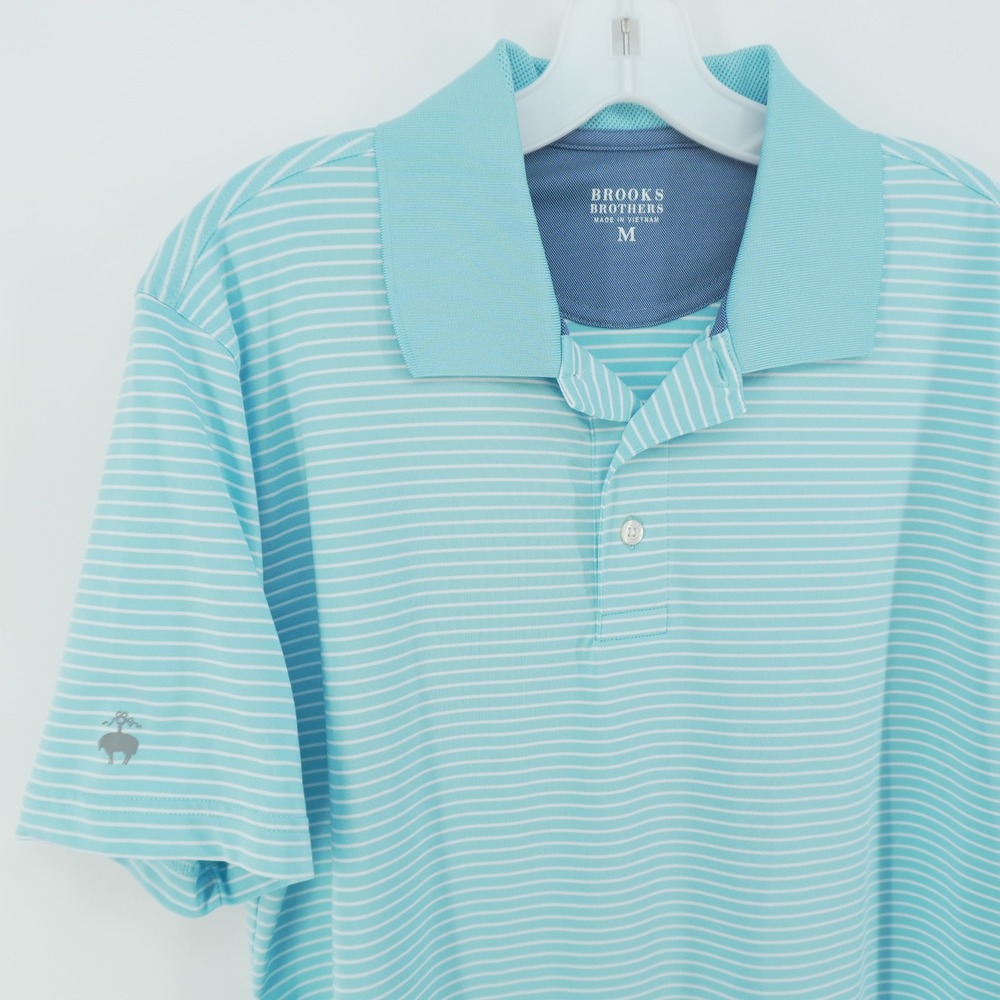 Brooks Brothers Polo Shirt Mens M Blue Striped Performance Stretch Short Sleeve